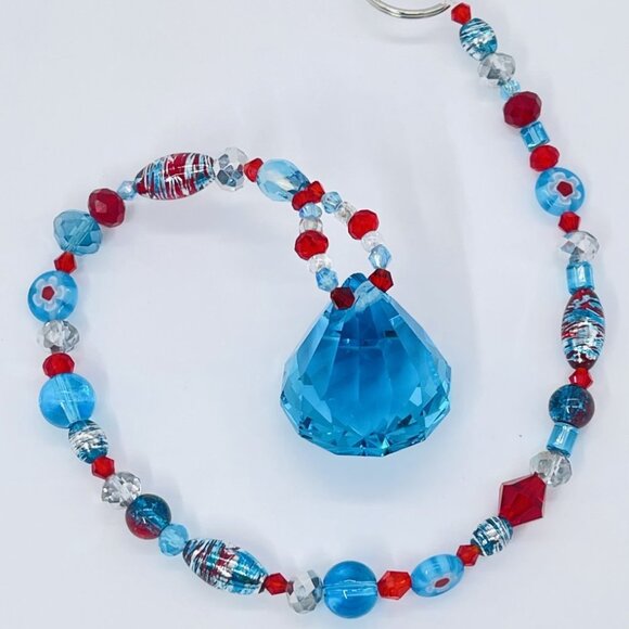 Beaded Suncatcher - Red Turquoise -Triangular Crystal Prism - Hanging Decor - Picture 11 of 16